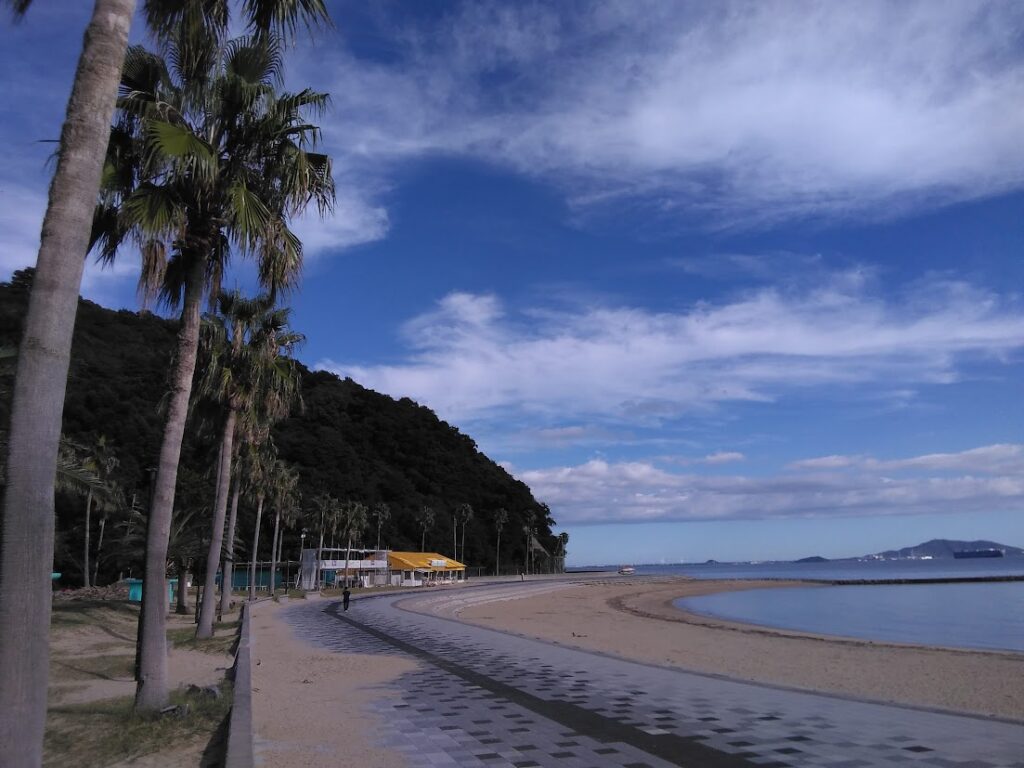 西浦パームビーチ（蒲郡市西浦町）海岸の遊歩道｜パームツリーが並ぶ三河湾の砂浜 覚性院・蒲郡はなえみ樹木葬の徒歩圏内に位置する西浦温泉のビーチ