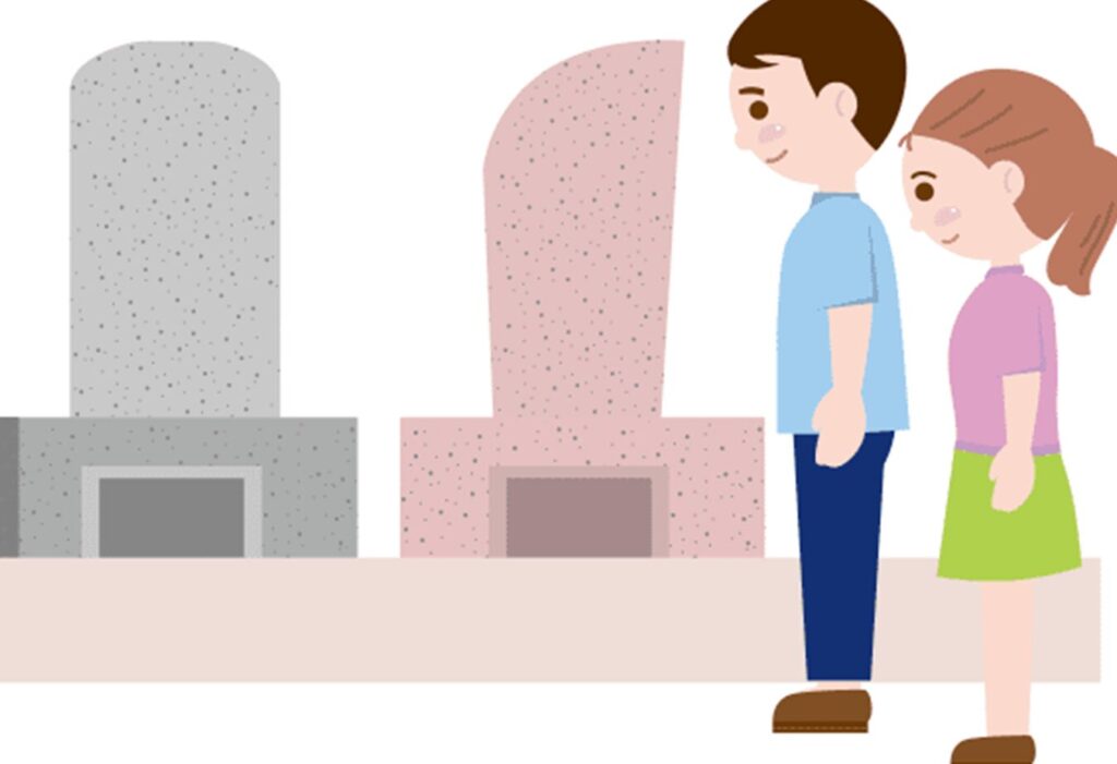 はなえみ墓園しくみSTEP1｜完成建立済みの墓石から実物を見て選ぶイラスト